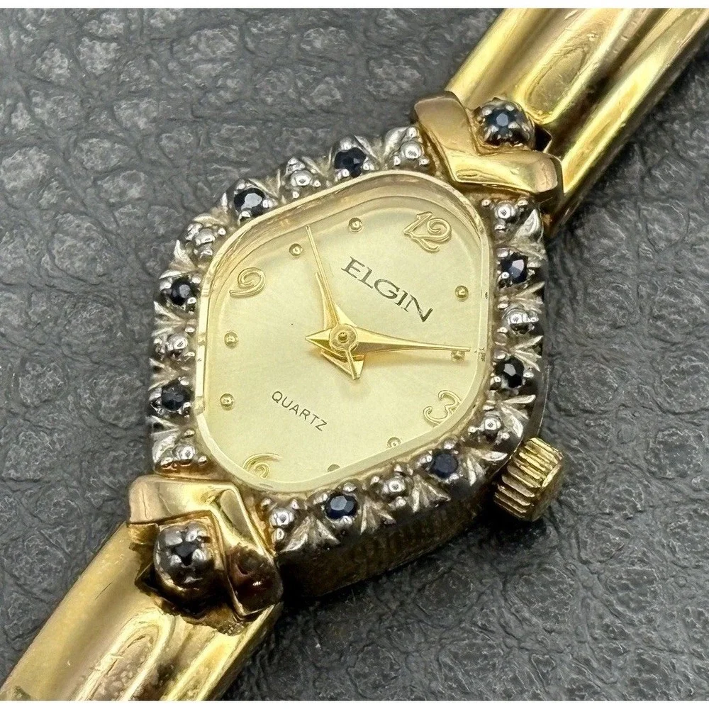 Vintage Elgin Genuine Sapphire Quartz Watch Gold Tone Untested Needs Battery
